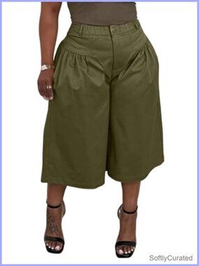Women's Pleated Wide Leg Capri Gaucho Pants with Pockets